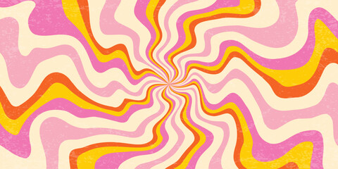 Retro swirl radial rays background. Spiral psychedelic summer bg with grunge texture for summer carnival and disco 70s poster. Sunburst trippy abstract vector backdrop.