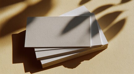 Stacked blank cards on beige with soft shadows from leaves above