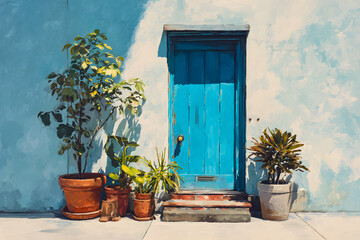 a painting of a blue door and potted plants