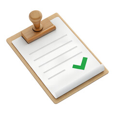 3D document approval icon, paper with green checkmark stamp, isolated on a transparent background