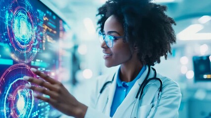 Smiling healthcare expert interacts with advanced holographic medical data on glowing digital interface, representing innovation in future science and medicine - Powered by Adobe