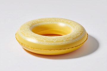A sunny yellow float designed for fun in the sun, decorated with a beautiful white patterned design around the top of the flotation device.