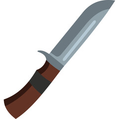 A silver steel hunting knife with a brown handle and dark grey grip detail shown on a transparent background ideal for design assets