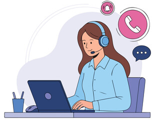 Woman Hotline Operator in Headset Working on Laptop. Call Center, Customer Service and Remote Assistance Concept. Vector Illustration.