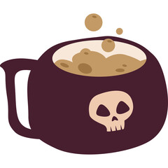 A Large Dark Purple Mug With A Skull Design Filled With A Frothy Light Brown Beverage And Bubbles Rising From It Against A White Background