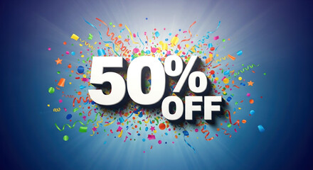 Vibrant 50% off discount celebration with colorful confetti explosion