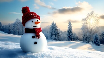 Obraz premium Snowman stands proudly in a winter wonderland at sunrise with snow-covered trees and a beautiful sky in the background