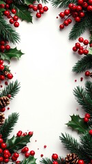 Christmas Banner with Pine, Red Berries, and Oak Leaves Border