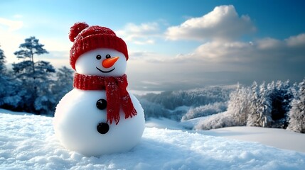 Obraz premium Snowman in a winter landscape with trees under a clear blue sky during daytime