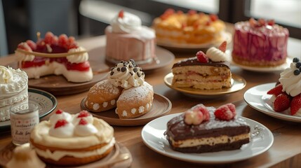 A variety of desserts on a wooden table