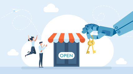 Artificial Intelligence to help you start a business. E-shop, new online store, internet shop. Robot hand holds key, owner opening store. advertisement, promotion. Presentation. Flat illustration
