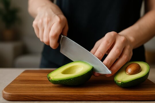A person's hands slicing a ripe, green avocado with a knife on a wooden board. Perfect for healthy eating, cooking, and recipes.