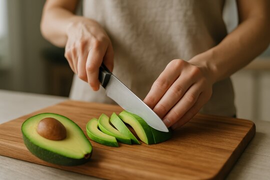 A person's hands slicing a ripe, green avocado with a knife on a wooden board. Perfect for healthy eating, cooking, and recipes. - Powered by Adobe
