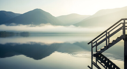 Misty mountain lake at sunrise with wooden steps. Calm water reflecting peaks and sky, tranquil natural landscape.