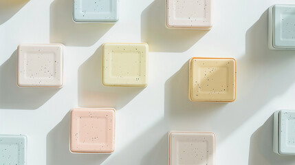 Flat lay arrangement of square pastel snack or storage boxes with a modern speckle or terrazzo design, showcasing soft colors and aesthetic minimalism