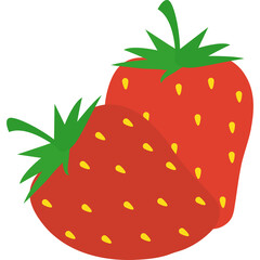 Two Red Strawberries with Green Stems and Yellow Seeds on a Transparent Background