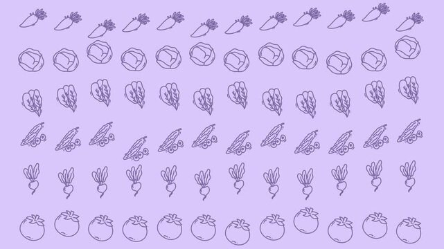 A seamless vegetable pattern featuring hand-drawn illustrations of carrots, cabbages, lettuce, tomatoes, beets, and bitter melons arranged in neat rows on a soft purple background.
