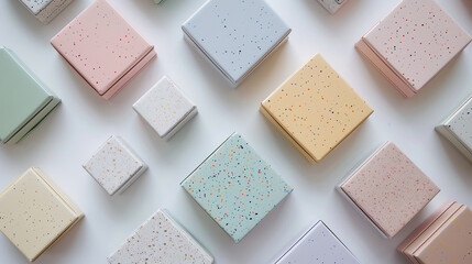 Flat lay arrangement of square pastel snack or storage boxes with a modern speckle or terrazzo design, showcasing soft colors and aesthetic minimalism