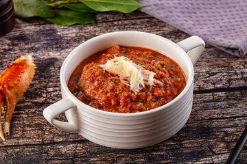 Tomato gazpacho soup with crab