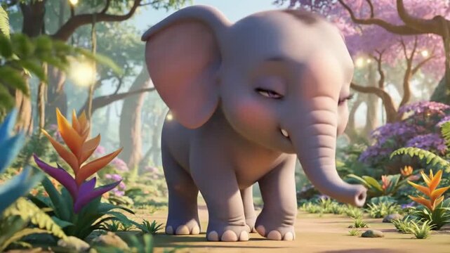 Cute baby cartoon elephant walking in a bright jungle clearing, big expressive eyes, pastel colors, soft bounce animation