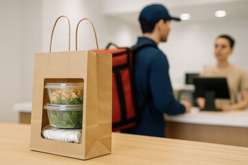 A takeaway food order in a paper bag on a counter, with a delivery courier picking up an order from staff in the blurred background.