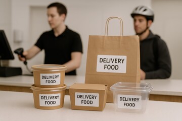 Food containers labeled for delivery on a counter, with staff preparing the order for a courier in a restaurant kitchen.