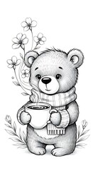 Cozy Bear with Coffee - A Charming Black and White Illustration for Relaxation.
