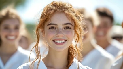 Radiant young woman with flowing auburn hair and delicate freckles, beaming joyful smile in bright sunlit outdoor gathering