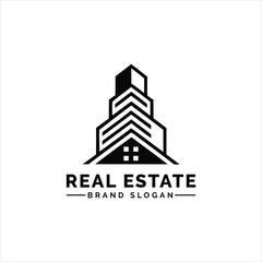 Fototapeta premium Black skyscraper logo with house roof building architecture