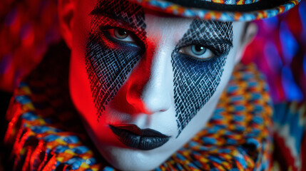 Dramatic portrait of a colorful clown with artistic face paint makeup for halloween or carnival costume