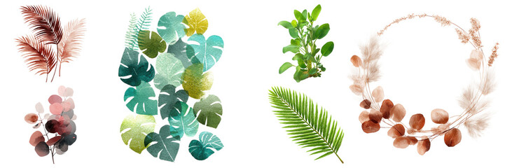 Naklejka premium Watercolor set of tropical leaves, feathers, and wreath elements for botanical illustrations, isolated on transparent background.