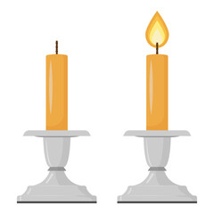 Lit and unlit candles in silver holders isolated on white