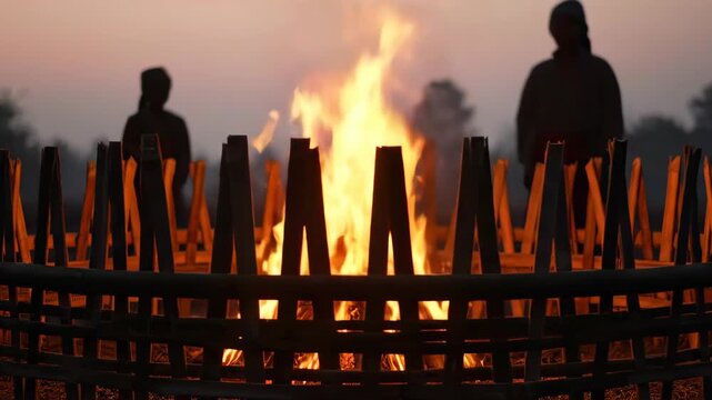 Celebrating Magh Bihu Bonfire Rituals and Community Gathering in Assam, India at Dawn, a Vibrant Harvest Festival