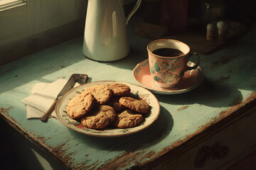 a plate of cookies and a cup of coffee