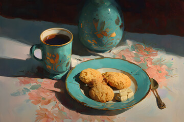a plate of cookies and a cup of coffee