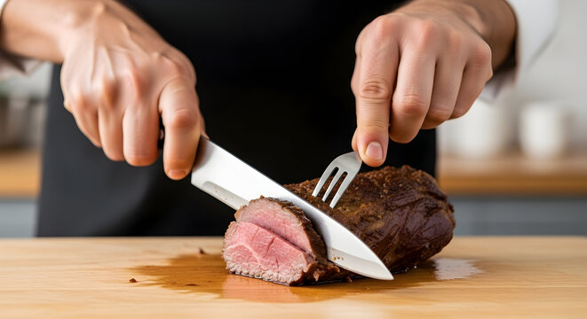 Chef Slicing Tender Roasted Meat with Knife and Fork on Wooden Cutting Board in Modern Kitchen Setting