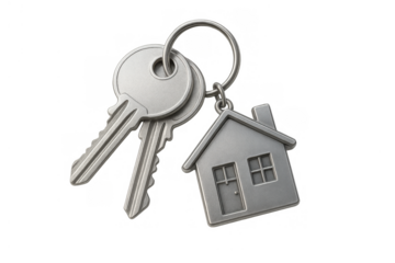 Keyring with house keychain and two metal keys representing home ownership, real estate, and property security