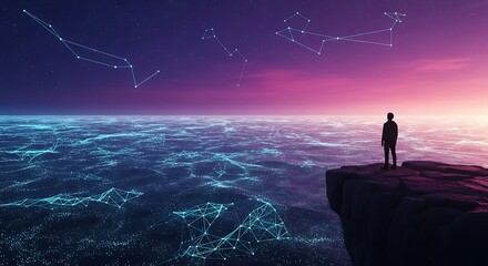 Obraz premium Contemplative figure gazing at night sky constellations over digital ocean, perfect for tech, innovation, futuristic concepts, and space exploration