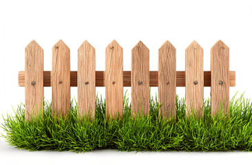 Fototapeta premium A beautiful wooden fence surrounded by lush green grass, showcasing a peaceful and natural outdoor setting.