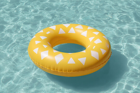 A yellow pool float with white triangles rests peacefully on the shimmering surface of a serene, crystal-clear swimming pool.