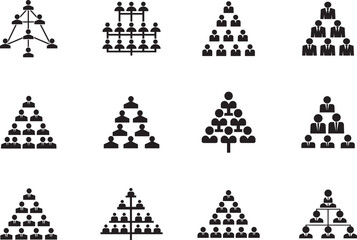 Various hierarchical and network organizational chart structures in black and white format