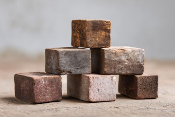 Stacked Stone Cubes: Earthy pyramid of weathered, natural stone blocks in varying shades of brown, a rustic and textured display.