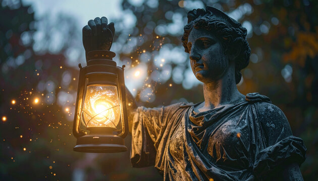 Statue holding a glowing lantern in a serene outdoor setting.