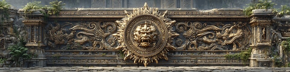 Neon firewall interface shaped like ancient door with encrypted sandstone markings