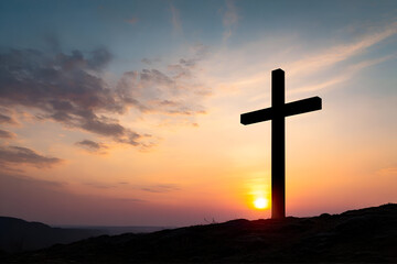A silhouette of a cross against a vibrant sunset, symbolizing faith, hope, and spirituality in nature.
