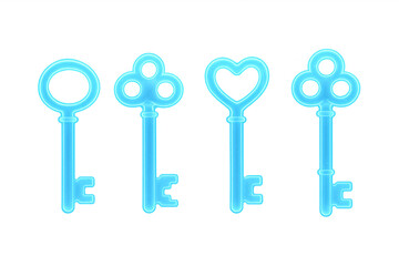 Vintage skeleton key set with blue neon glowing effect presenting open solution and access on transparent background
