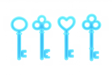 Vintage skeleton key set with blue neon glowing effect presenting open solution and access on transparent background