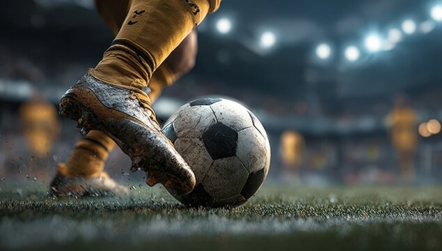 Soccer player in yellow uniform skillfully kicking a black and white ball on the field, with blurred teammates and stadium lights creating an energetic atmosphere