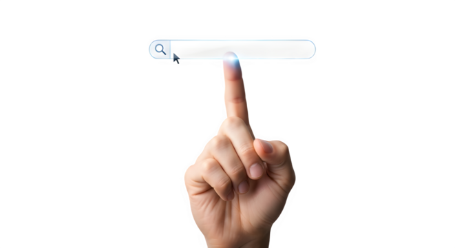 A human finger is pointing to a search bar on a transparent background, isolated on transparent background