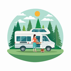 A serene van life scene captured in a flat vector illustration, showing a person brewing coffee next to their camper van in a forest